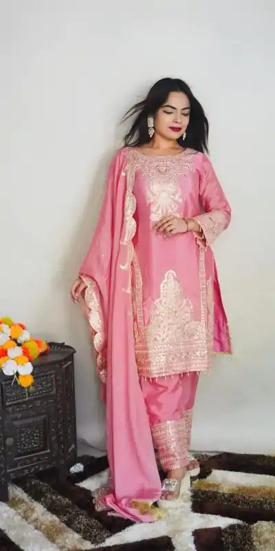 SRK 5149 Pink Color Pure Chinnon Silk Embroidery Sequence Salwar Suit Wedding, Party, Festive, Events Expected Delivery 4-6 Working Days @ 2049/- | Jump Suits, Casual Suits, Creative suits, Designer Suits, Palazzo Suits, Party Wear Suits, Patiala Suits, Salwar suit, Straight Suits