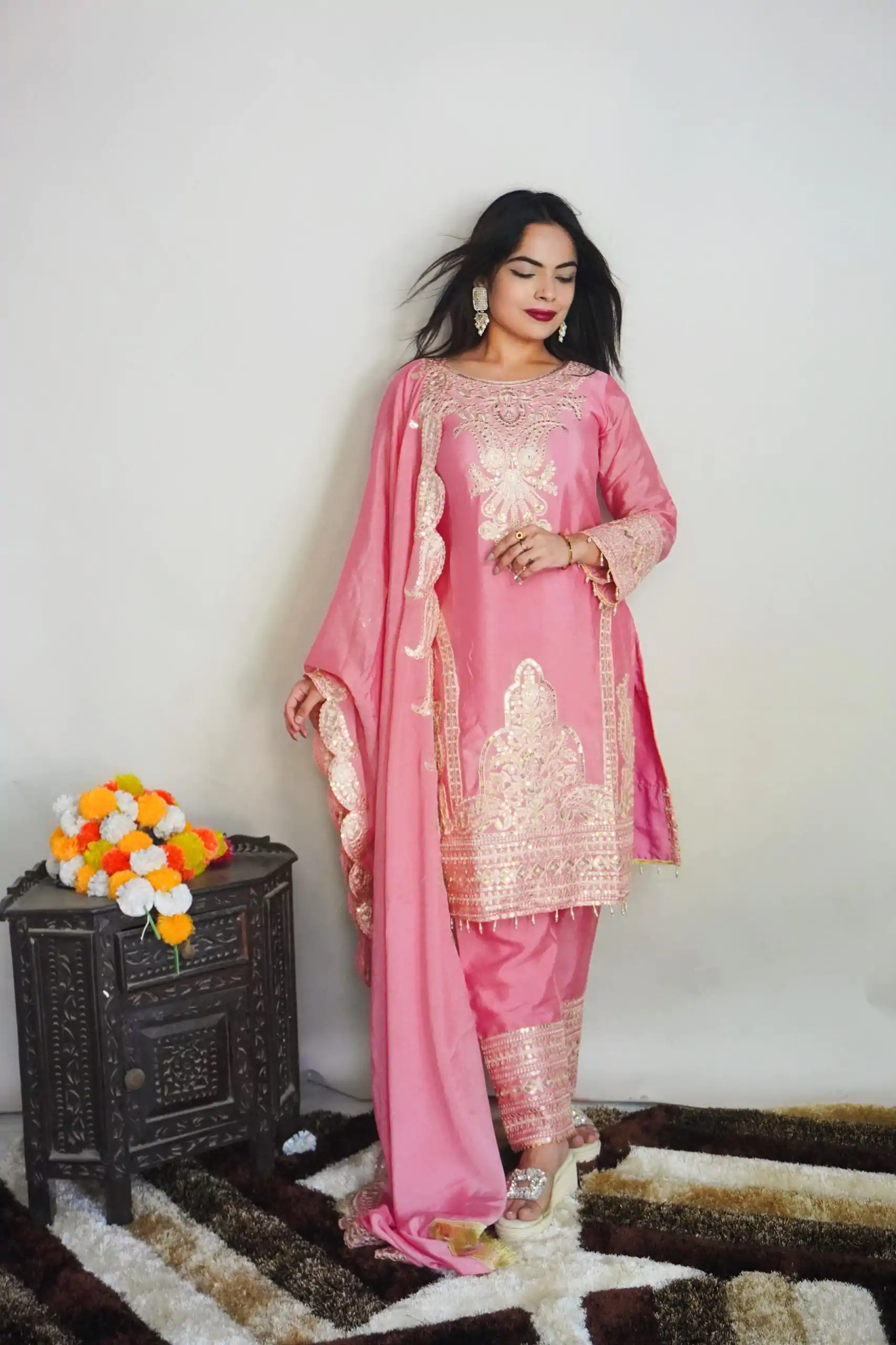 SRK 5149 Pink Color Pure Chinnon Silk Embroidery Sequence Salwar Suit Wedding, Party, Festive, Events Expected Delivery 4-6 Working Days @ 2049/- | Jump Suits, Casual Suits, Creative suits, Designer Suits, Palazzo Suits, Party Wear Suits, Patiala Suits, Salwar suit, Straight Suits