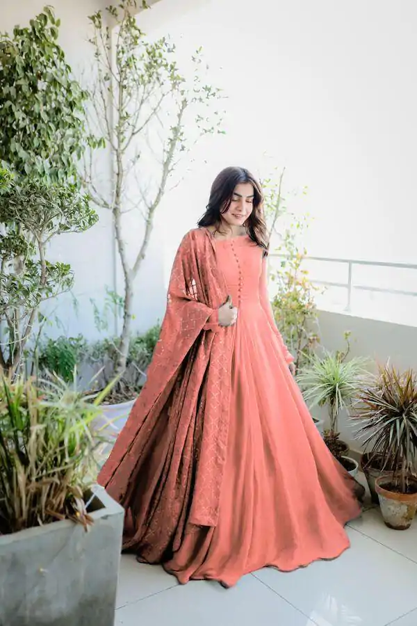 FC Noor Peach Georgette Embroidery Work Anarkali Suit Wedding, Party, Festive events, etc. Expected Delivery 4-6 Working Days @2399/- Only FC 1699Pink | Anarkali Suits, Bollywood Anarkali, Creative-Anarkali, Designer Anarkali, Embroidered Anarkali, Party Wear Anarkali