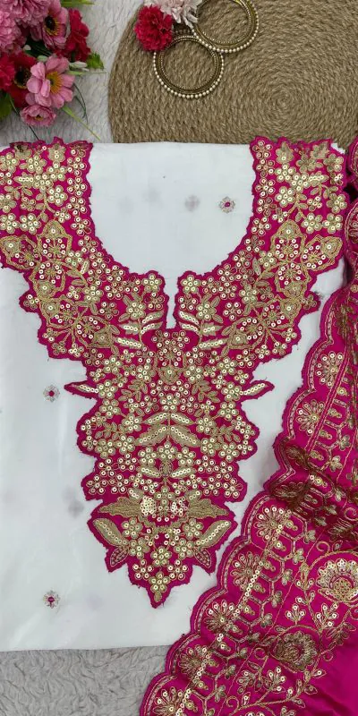 KD 1447 White & Pink Color Silk Thread Sequence Salwar Suit Casual, Party, Wedding, Festive, Events Etc. Expected Delivery 4-6 Working Days @1849/- | Casual Suits, Creative suits, Designer Suits, Party Wear Suits, Patiala Suits, Salwar suit, Straight Suits