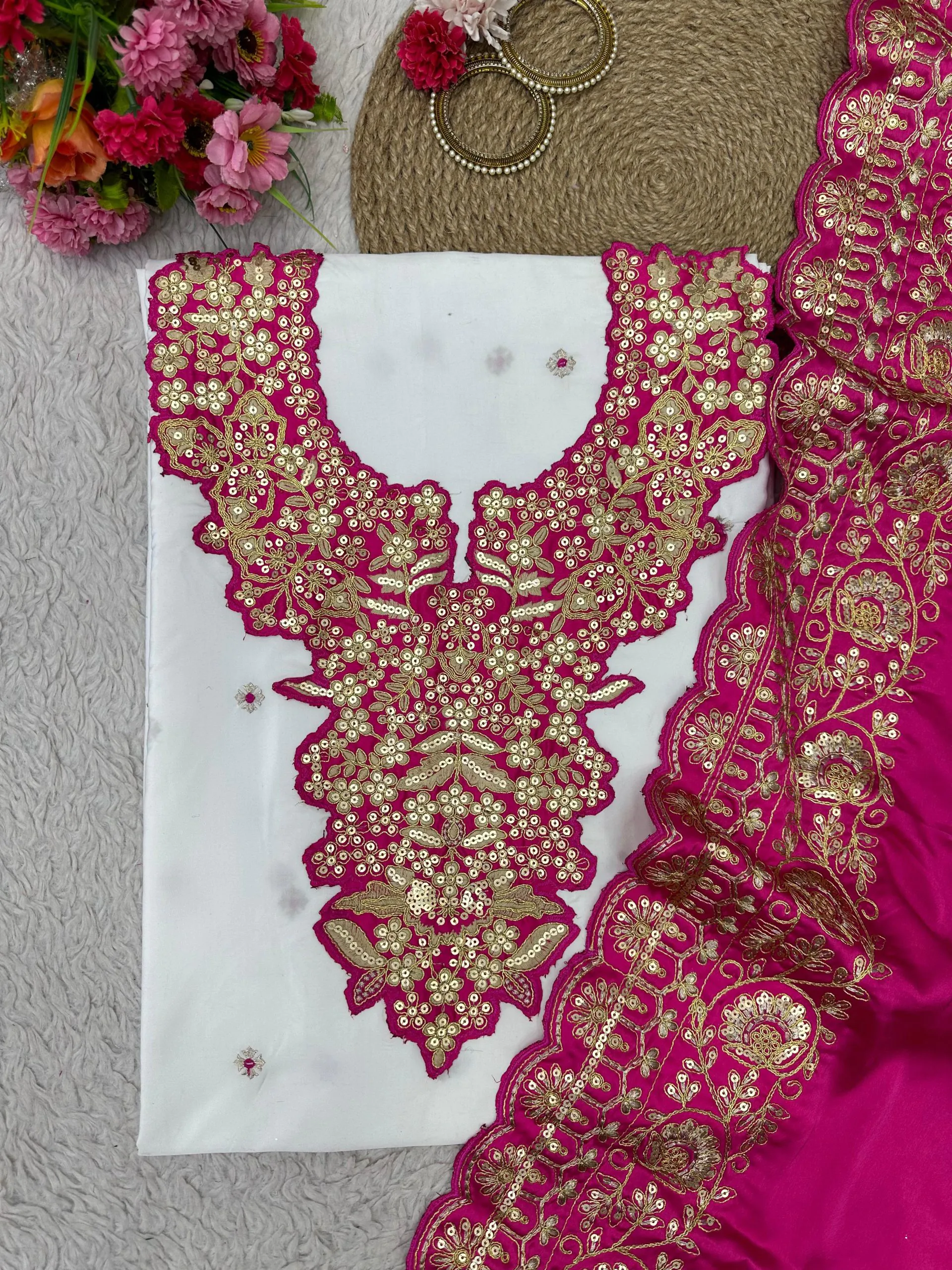 KD 1447 White & Pink Color Silk Thread Sequence Salwar Suit Casual, Party, Wedding, Festive, Events Etc. Expected Delivery 4-6 Working Days @1849/- | Casual Suits, Creative suits, Designer Suits, Party Wear Suits, Patiala Suits, Salwar suit, Straight Suits