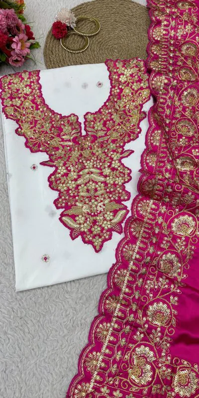 KD 1447 White & Pink Color Silk Thread Sequence Salwar Suit Casual, Party, Wedding, Festive, Events Etc. Expected Delivery 4-6 Working Days @1849/- | Casual Suits, Creative suits, Designer Suits, Party Wear Suits, Patiala Suits, Salwar suit, Straight Suits