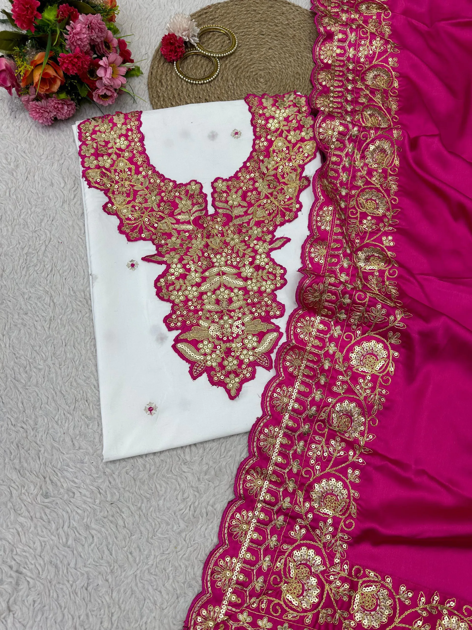 KD 1447 White & Pink Color Silk Thread Sequence Salwar Suit Casual, Party, Wedding, Festive, Events Etc. Expected Delivery 4-6 Working Days @1849/- | Casual Suits, Creative suits, Designer Suits, Party Wear Suits, Patiala Suits, Salwar suit, Straight Suits