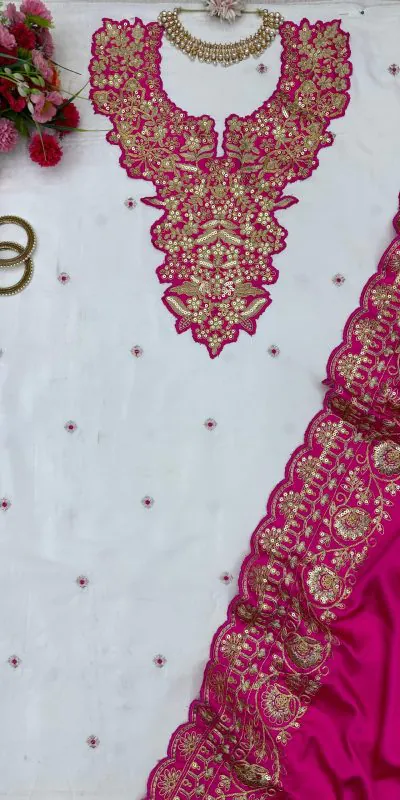 KD 1447 White & Pink Color Silk Thread Sequence Salwar Suit Casual, Party, Wedding, Festive, Events Etc. Expected Delivery 4-6 Working Days @1849/- | Casual Suits, Creative suits, Designer Suits, Party Wear Suits, Patiala Suits, Salwar suit, Straight Suits