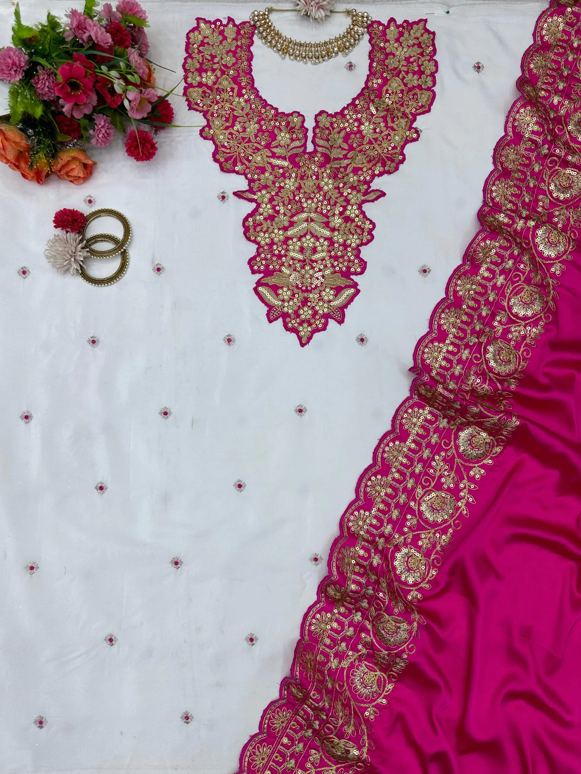 KD 1447 White & Pink Color Silk Thread Sequence Salwar Suit Casual, Party, Wedding, Festive, Events Etc. Expected Delivery 4-6 Working Days @1849/- | Casual Suits, Creative suits, Designer Suits, Party Wear Suits, Patiala Suits, Salwar suit, Straight Suits
