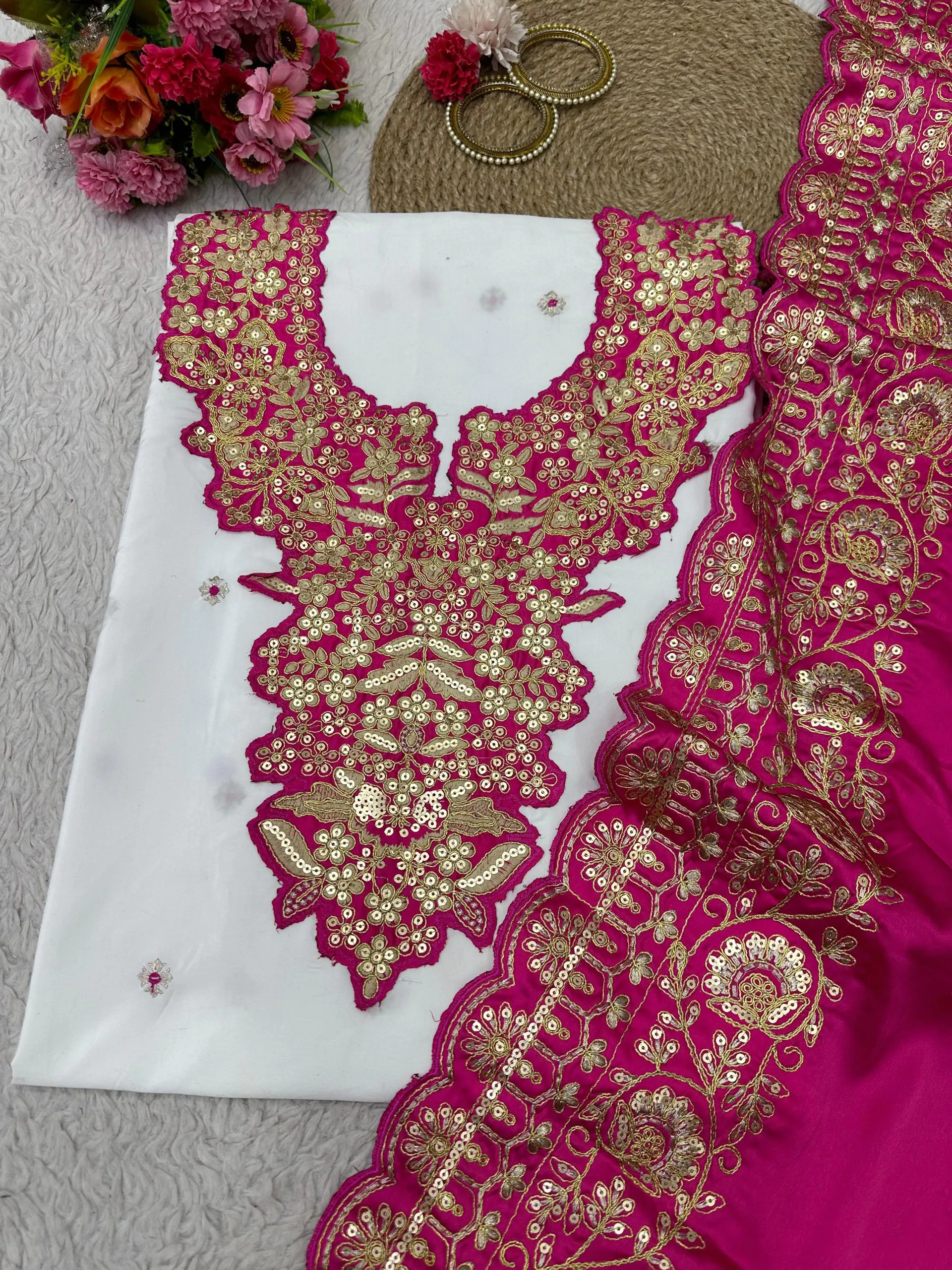 KD 1447 White & Pink Color Silk Thread Sequence Salwar Suit Casual, Party, Wedding, Festive, Events Etc. Expected Delivery 4-6 Working Days @1849/- | Casual Suits, Creative suits, Designer Suits, Party Wear Suits, Patiala Suits, Salwar suit, Straight Suits