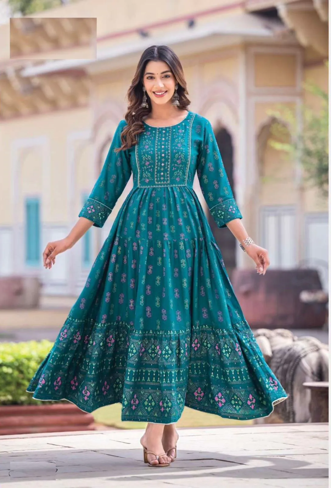 INLI Glamour Peacock Green Color Rayon Printed Gown With Hand Work  Casual, Party, Festive, Events Etc. Expected Delivery 4-6 Working Days @1599 /- | Bollywood Gowns, Creative Gowns, Designer Gowns, Embroidered Gowns, Gowns, Party Wear Gowns