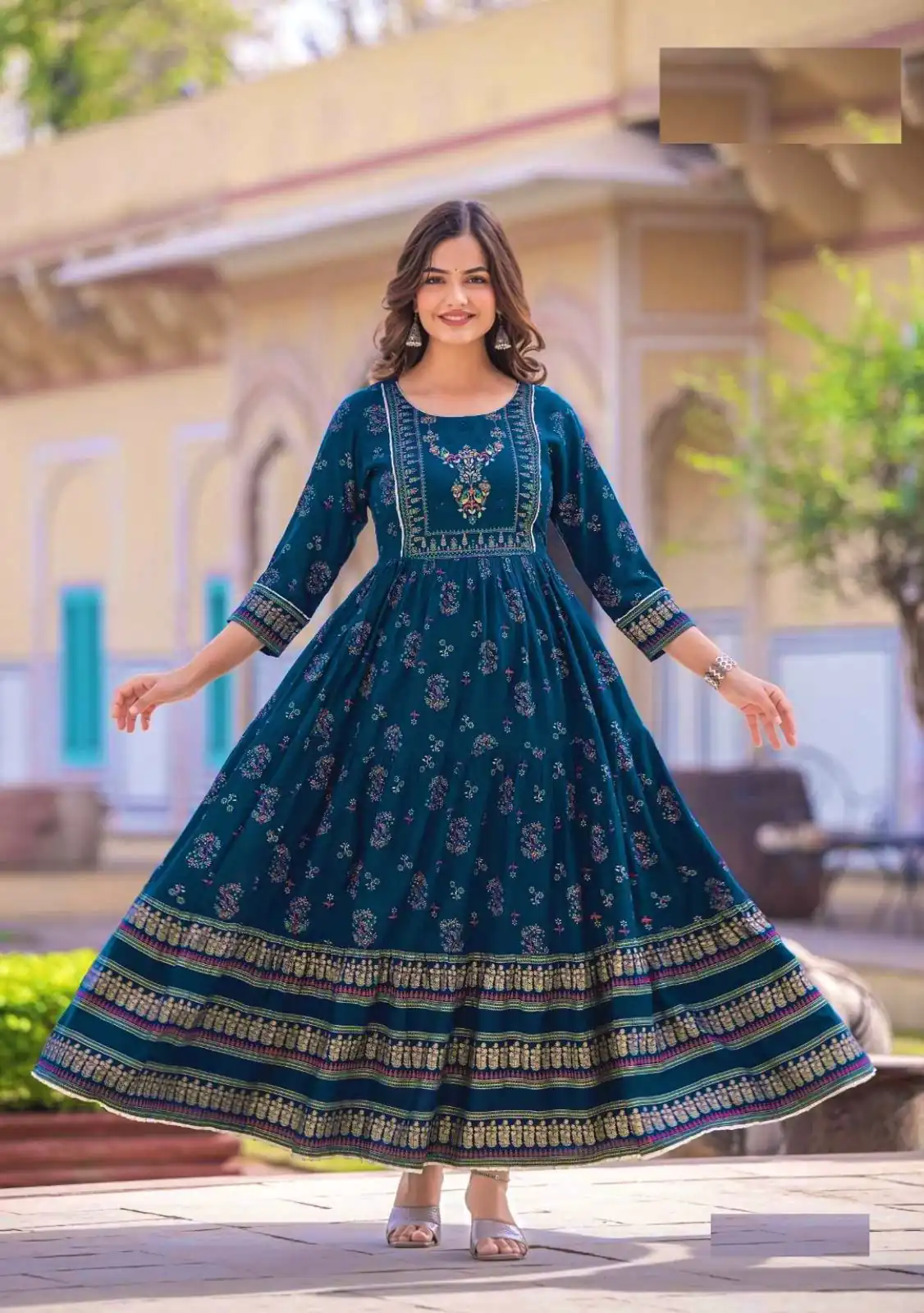 INLI Glamour Royal Blue Color Rayon Printed Gown With Hand Work  Casual, Wedding, Party, Festive, Events Etc. Delivery 4-6 Working Days @1599 /- | Bollywood Gowns, Creative Gowns, Designer Gowns, Embroidered Gowns, Gowns, Party Wear Gowns