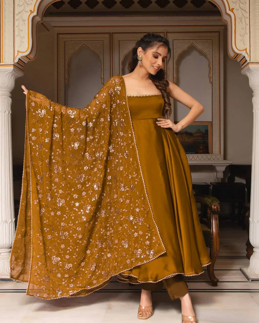 SRK 5128 Coffee Color Heavy Faux Georgette With Fully Flair Salwar Suit Wedding, Party, Festive, Events Expected Delivery 4-6 Working Days @ 1899/- | Jump Suits, Casual Suits, Creative suits, Designer Suits, Palazzo Suits, Party Wear Suits, Patiala Suits, Salwar suit, Straight Suits