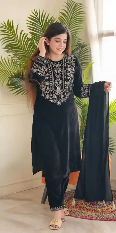 LG-1786 Black Color Viscos Velvet Embroidery Salwar Suit Paint Free Size Casual, Wedding, Festive, Events Etc. Expected Delivery 4-6 Working Days @1899/- | Casual Suits, Creative suits, Designer Suits, Party Wear Suits, Patiala Suits, Salwar suit, Straight Suits