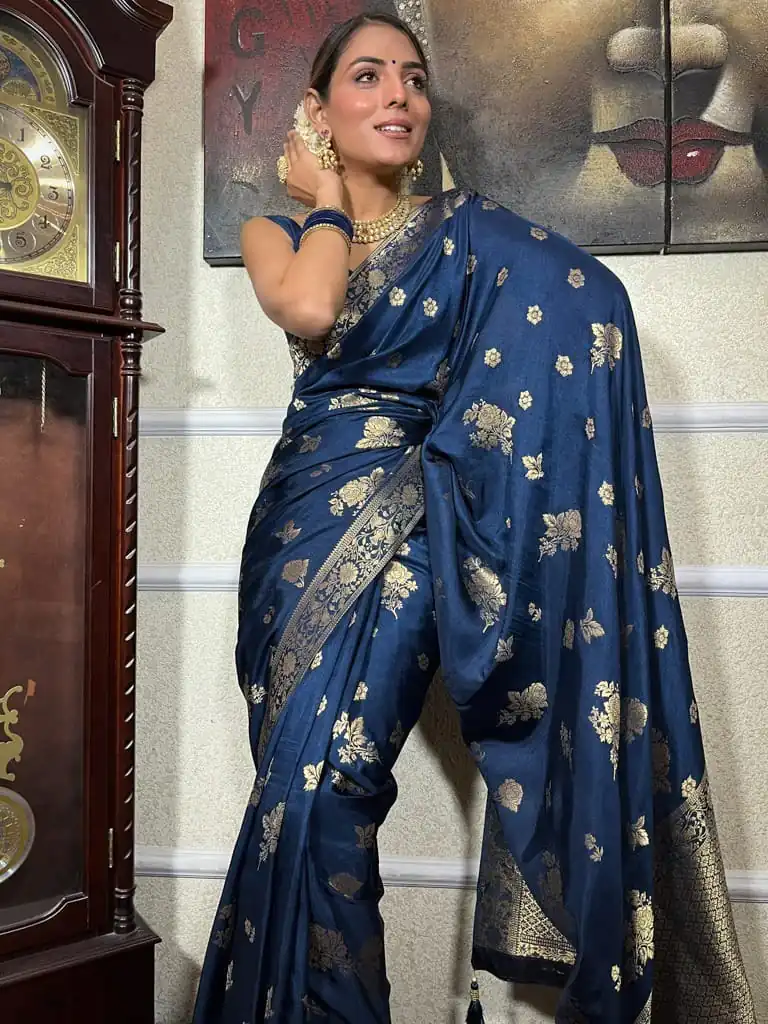 DDF 129 Blue Color Banarasi Soft Silk Extra Ordinary Design Saree Casual, Party Wear, Events, Festivals Etc. Expected Delivery 4-6 Working Days 1449/- | Bollywood Sarees, Creative Sarees, Designer Sarees, Embroidered Sarees, Ethnic Saree, Modern Digital sarees, Party Wear Sarees, Sarees