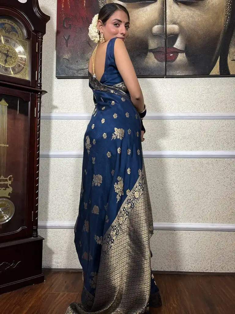 DDF 129 Blue Color Banarasi Soft Silk Extra Ordinary Design Saree Casual, Party Wear, Events, Festivals Etc. Expected Delivery 4-6 Working Days 1449/- | Bollywood Sarees, Creative Sarees, Designer Sarees, Embroidered Sarees, Ethnic Saree, Modern Digital sarees, Party Wear Sarees, Sarees