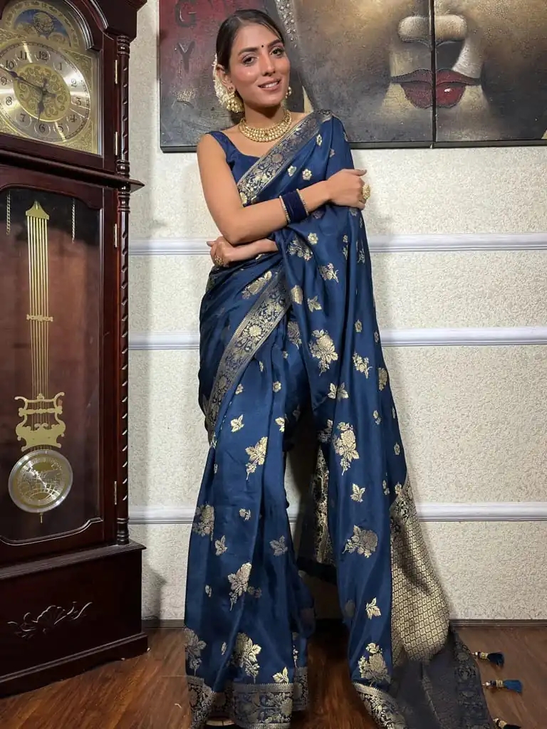 DDF 129 Blue Color Banarasi Soft Silk Extra Ordinary Design Saree Casual, Party Wear, Events, Festivals Etc. Expected Delivery 4-6 Working Days 1449/- | Bollywood Sarees, Creative Sarees, Designer Sarees, Embroidered Sarees, Ethnic Saree, Modern Digital sarees, Party Wear Sarees, Sarees