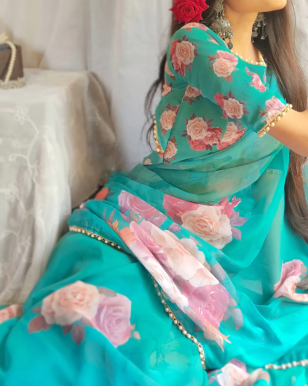 YNF7007 Green Color Georgette Printed with pearl lace border Saree Casual, Party Wear, Wedding, Events Etc. Expected Delivery 4-6 Working Days @1499/- | Bollywood Sarees, Creative Sarees, Designer Sarees, Embroidered Sarees, Ethnic Saree, Modern Digital sarees, Party Wear Sarees, Sarees