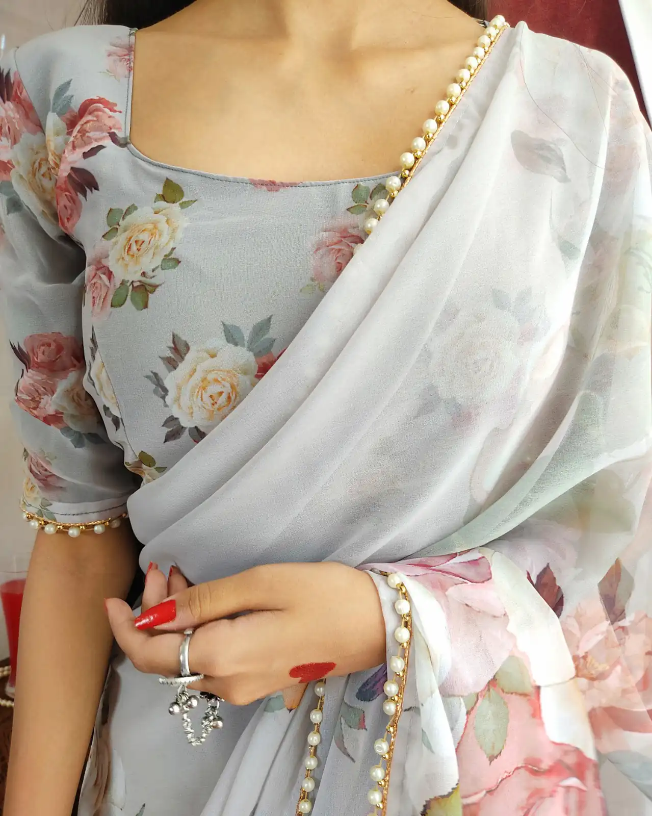 YNF7007 Grey  Color Georgette Printed with pearl lace border Saree Casual, Party Wear, Wedding, Events Etc. Expected Delivery 4-6 Working Days @1499/- | Bollywood Sarees, Creative Sarees, Designer Sarees, Embroidered Sarees, Ethnic Saree, Modern Digital sarees, Party Wear Sarees, Sarees