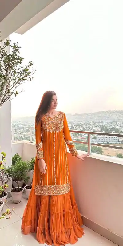 KD 1241 Orange Color Faux Georgette Thread Sequence Salwar Suit Casual, Party, Wedding, Festive, Events Etc. Expected Delivery 4-6 Working Days @1949/- | Jump Suits, Casual Suits, Creative suits, Designer Suits, Palazzo Suits, Party Wear Suits, Patiala Suits, Salwar suit, Straight Suits