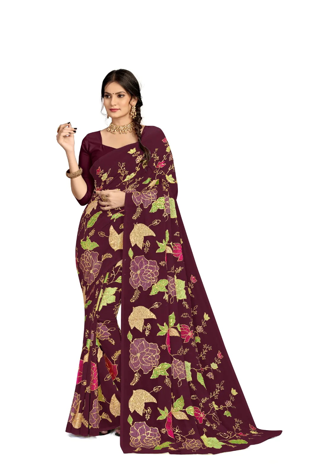 KT 248 Purple Color Georgette Fancy Thread & Sequence Saree Casual, Party Wear, Wedding   Expected Delivery 4-6 Working Days@1799/- | Bollywood Sarees, Creative Sarees, Designer Sarees, Embroidered Sarees, Party Wear Sarees, Sarees