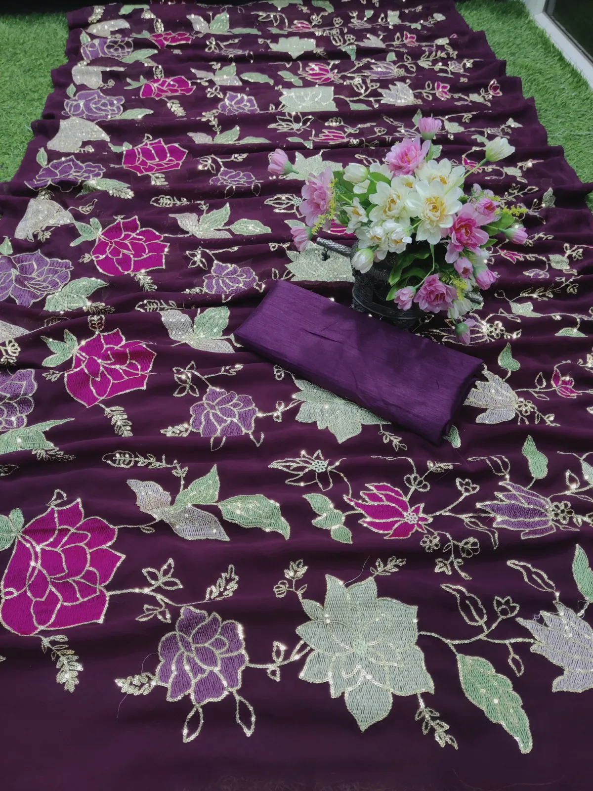 KT 248 Purple Color Georgette Fancy Thread & Sequence Saree Casual, Party Wear, Wedding   Expected Delivery 4-6 Working Days@1799/- | Bollywood Sarees, Creative Sarees, Designer Sarees, Embroidered Sarees, Party Wear Sarees, Sarees