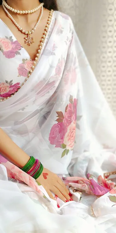 YNF7007 White Color Georgette Printed with pearl lace border Saree Casual, Party Wear, Wedding, Events Etc. Expected Delivery 4-6 Working Days @1499/- | Bollywood Sarees, Creative Sarees, Designer Sarees, Embroidered Sarees, Ethnic Saree, Modern Digital sarees, Party Wear Sarees, Sarees