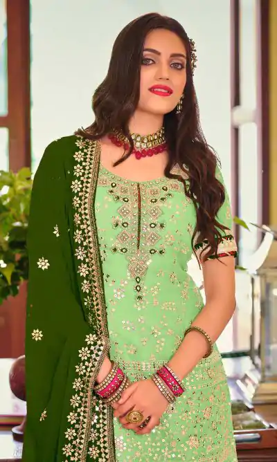 DS 1364 Parrot Green Color Faux Georgette Embroidery Work Salwar Suit Wedding, Party, Festive, Events Expected Delivery 4-6 Working Days @ 2299/- | Jump Suits, Casual Suits, Creative suits, Designer Suits, Palazzo Suits, Party Wear Suits, Patiala Suits, Salwar suit, Straight Suits