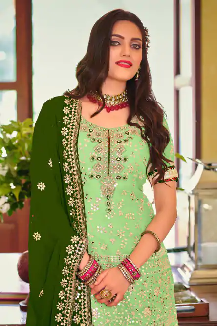 DS 1364 Parrot Green Color Faux Georgette Embroidery Work Salwar Suit Wedding, Party, Festive, Events Expected Delivery 4-6 Working Days @ 2299/- | Jump Suits, Casual Suits, Creative suits, Designer Suits, Palazzo Suits, Party Wear Suits, Patiala Suits, Salwar suit, Straight Suits