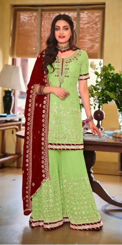 DS 1364 Parrot Green Color Faux Georgette Embroidery Work Salwar Suit Wedding, Party, Festive, Events Expected Delivery 4-6 Working Days @ 2299/- | Jump Suits, Casual Suits, Creative suits, Designer Suits, Palazzo Suits, Party Wear Suits, Patiala Suits, Salwar suit, Straight Suits