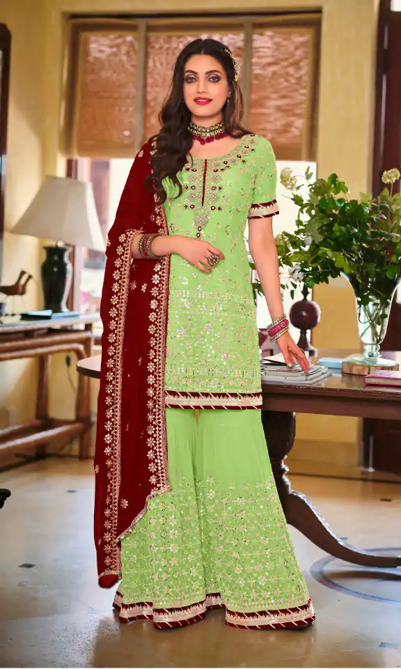 DS 1364 Parrot Green Color Faux Georgette Embroidery Work Salwar Suit Wedding, Party, Festive, Events Expected Delivery 4-6 Working Days @ 2299/- | Jump Suits, Casual Suits, Creative suits, Designer Suits, Palazzo Suits, Party Wear Suits, Patiala Suits, Salwar suit, Straight Suits