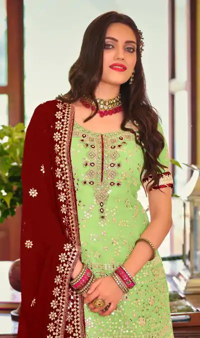 DS 1364 Parrot Green Color Faux Georgette Embroidery Work Salwar Suit Wedding, Party, Festive, Events Expected Delivery 4-6 Working Days @ 2299/- | Jump Suits, Casual Suits, Creative suits, Designer Suits, Palazzo Suits, Party Wear Suits, Patiala Suits, Salwar suit, Straight Suits