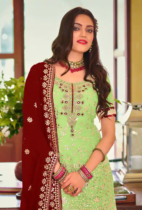 DS 1364 Parrot Green Color Faux Georgette Embroidery Work Salwar Suit Wedding, Party, Festive, Events Expected Delivery 4-6 Working Days @ 2299/- | Jump Suits, Casual Suits, Creative suits, Designer Suits, Palazzo Suits, Party Wear Suits, Patiala Suits, Salwar suit, Straight Suits