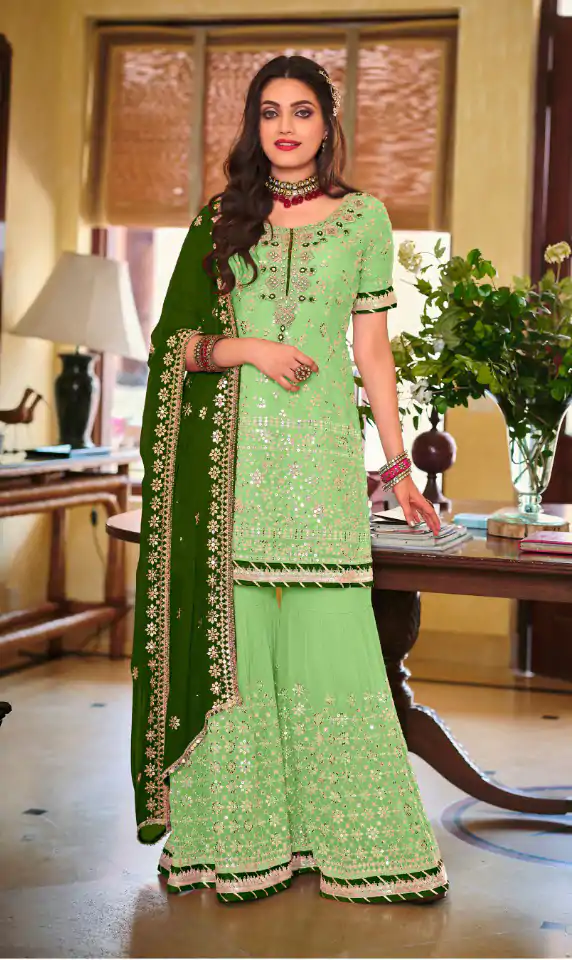 DS 1364 Parrot Green Color Faux Georgette Embroidery Work Salwar Suit Wedding, Party, Festive, Events Expected Delivery 4-6 Working Days @ 2299/- | Jump Suits, Casual Suits, Creative suits, Designer Suits, Palazzo Suits, Party Wear Suits, Patiala Suits, Salwar suit, Straight Suits