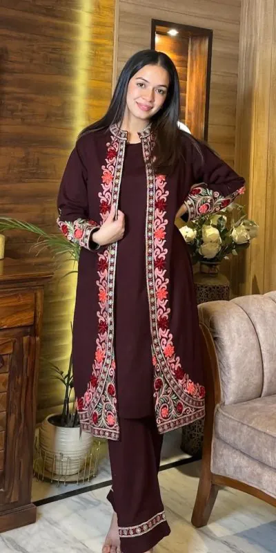 KD 1441 Wine Color Rayon Chain-Stitch Work Salwar Suit With Shrug Casual, Party, Festive, Events Etc.  Expected Delivery 4-6 Working Days @2099/- | Jump Suits, Casual Suits, Creative suits, Designer Suits, Palazzo Suits, Party Wear Suits, Patiala Suits, Salwar suit, Straight Suits