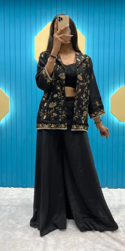 LG 1798 Black Color Fiona Silk Koti / Blazer Sequence Embroidery Salwar Suit Casual, Wedding, Festive, Events Etc. Expected Delivery 4-6 Working Days @1949/ | Jump Suits, Casual Suits, Creative suits, Designer Suits, Palazzo Suits, Party Wear Suits, Patiala Suits, Salwar suit, Straight Suits