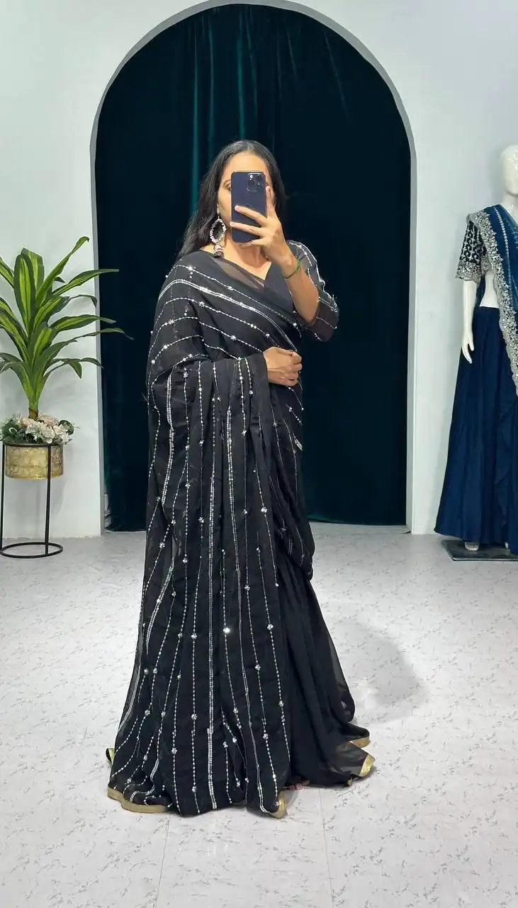 ST 1035 Black Color Georgette Embroidery Moti Work Lehenga Saree Casual, Wedding, Party, Festive, Events Etc. Expected Delivery 4-6 Working Days @2049/- | Bollywood Lehenga, Creative Lehenga, Designer Lehenga, Embroidered Lehenga, Lehenga, Party Wear Lehenga