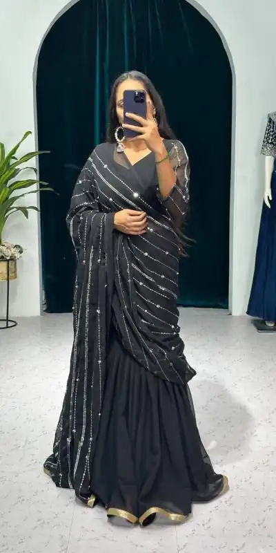 ST 1035 Black Color Georgette Embroidery Moti Work Lehenga Saree Casual, Wedding, Party, Festive, Events Etc. Expected Delivery 4-6 Working Days @2049/- | Bollywood Lehenga, Creative Lehenga, Designer Lehenga, Embroidered Lehenga, Lehenga, Party Wear Lehenga