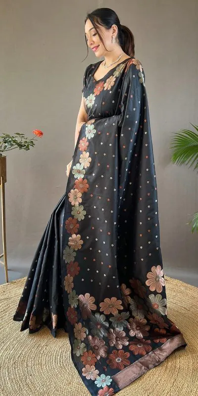 DDF 127 Black Color Soft Lichi Silk Ordinary Design Rich Pallu Saree Casual, Party Wear, Events, Festivals Etc. Expected Delivery 4-6 Working Days 1499/- | Bollywood Sarees, Creative Sarees, Designer Sarees, Embroidered Sarees, Ethnic Saree, Modern Digital sarees, Party Wear Sarees, Sarees