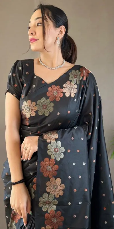 DDF 127 Black Color Soft Lichi Silk Ordinary Design Rich Pallu Saree Casual, Party Wear, Events, Festivals Etc. Expected Delivery 4-6 Working Days 1499/- | Bollywood Sarees, Creative Sarees, Designer Sarees, Embroidered Sarees, Ethnic Saree, Modern Digital sarees, Party Wear Sarees, Sarees
