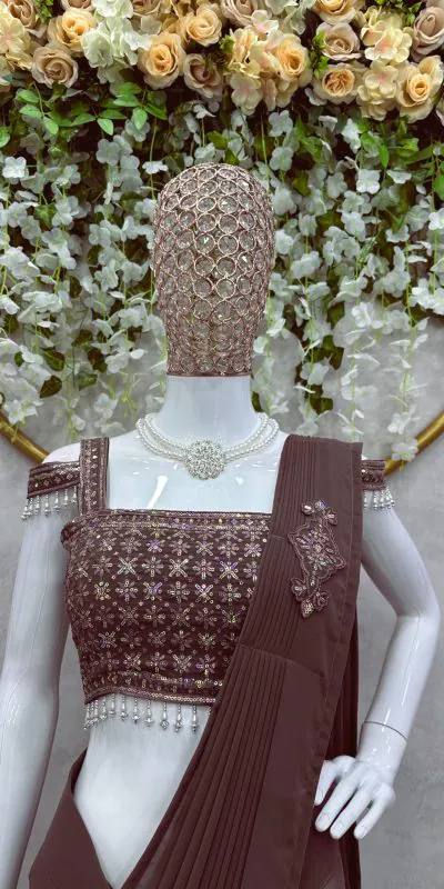 KD 446 Coffee Color Faux Georgette Ruffle Patch Work Saree Casual, Party, Wedding, Festive, Events Etc.  Expected Delivery  4-6 Working Days @1899/- Only | Bollywood Sarees, Creative Sarees, Designer Sarees, Embroidered Sarees, Ethnic Saree, Modern Digital sarees, Party Wear Sarees, Sarees