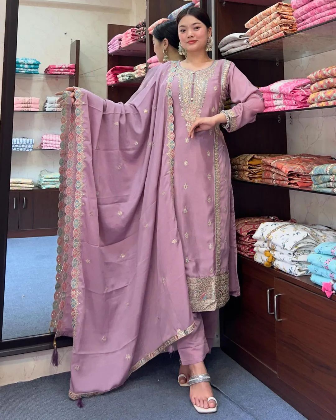 SRK 5148 Light Purple Color Pure Chinnon Silk Embroidery Sequence Salwar Suit Wedding, Party, Festive, Events Expected Delivery 4-6 Working Days @ 1950/- | Jump Suits, Casual Suits, Creative suits, Designer Suits, Palazzo Suits, Party Wear Suits, Patiala Suits, Salwar suit, Straight Suits