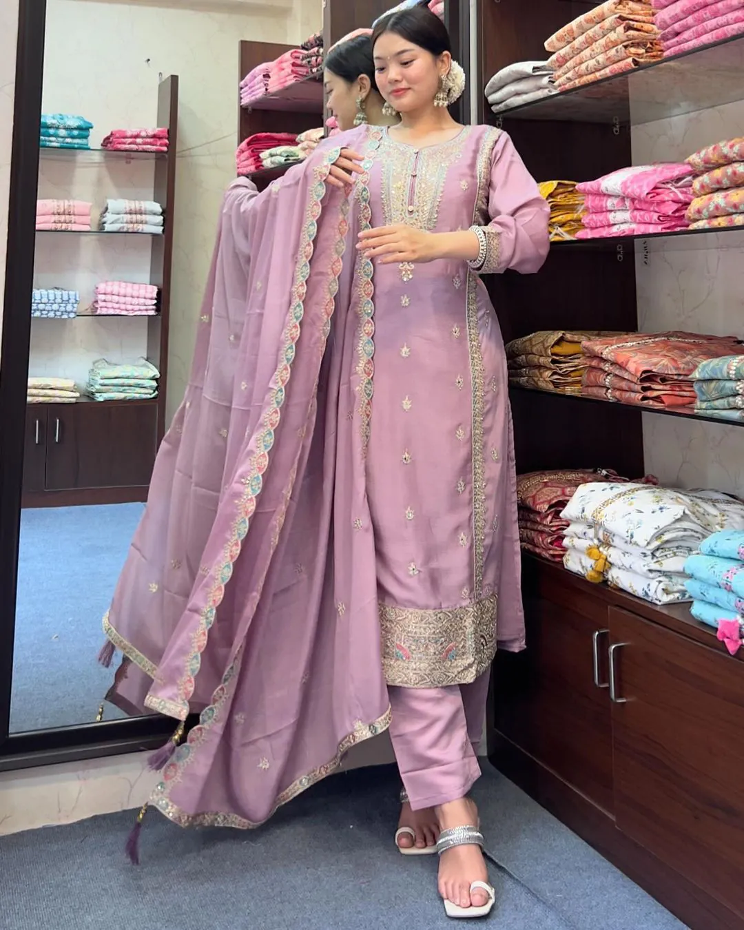 SRK 5148 Light Purple Color Pure Chinnon Silk Embroidery Sequence Salwar Suit Wedding, Party, Festive, Events Expected Delivery 4-6 Working Days @ 1950/- | Jump Suits, Casual Suits, Creative suits, Designer Suits, Palazzo Suits, Party Wear Suits, Patiala Suits, Salwar suit, Straight Suits