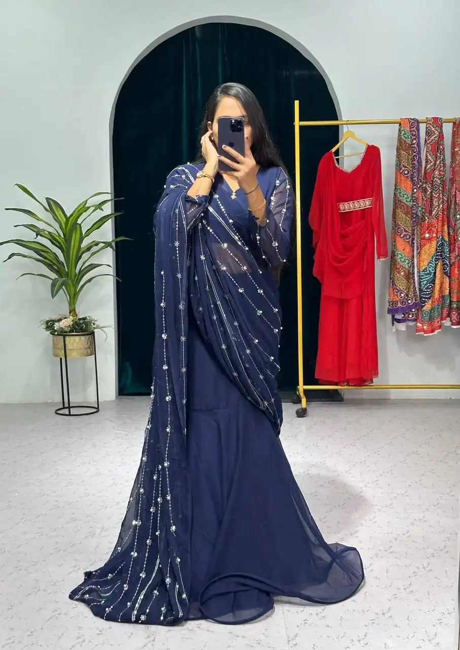 ST 1035 Navy Blue Color Georgette Embroidery Moti Work Lehenga Saree Casual, Wedding, Party, Festive, Events Etc. Expected Delivery 4-6 Working Days @2049/- | Bollywood Lehenga, Creative Lehenga, Designer Lehenga, Embroidered Lehenga, Lehenga, Party Wear Lehenga