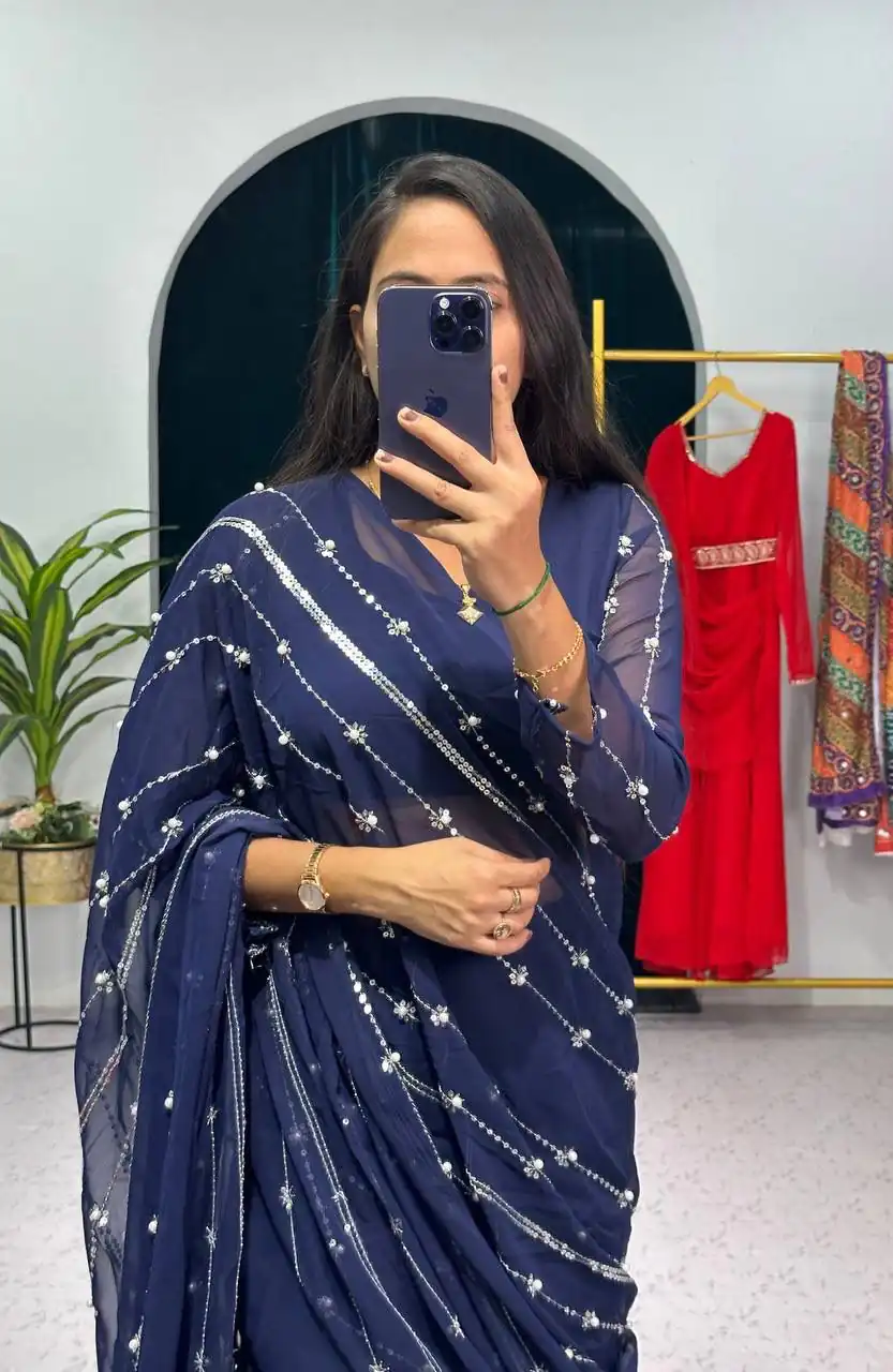 ST 1035 Navy Blue Color Georgette Embroidery Moti Work Lehenga Saree Casual, Wedding, Party, Festive, Events Etc. Expected Delivery 4-6 Working Days @2049/- | Bollywood Lehenga, Creative Lehenga, Designer Lehenga, Embroidered Lehenga, Lehenga, Party Wear Lehenga