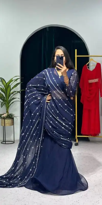 ST 1035 Navy Blue Color Georgette Embroidery Moti Work Lehenga Saree Casual, Wedding, Party, Festive, Events Etc. Expected Delivery 4-6 Working Days @2049/- | Bollywood Lehenga, Creative Lehenga, Designer Lehenga, Embroidered Lehenga, Lehenga, Party Wear Lehenga
