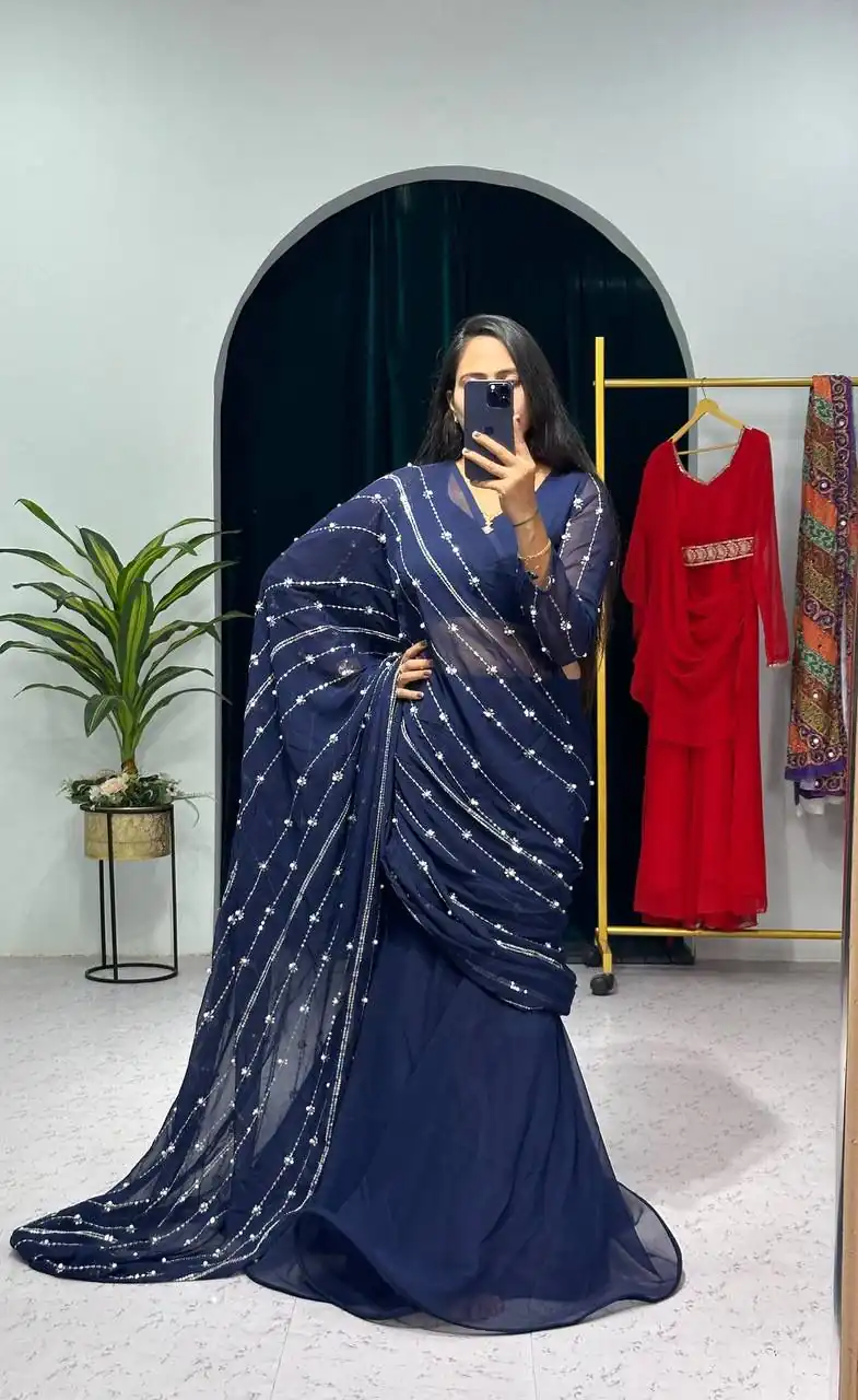 ST 1035 Navy Blue Color Georgette Embroidery Moti Work Lehenga Saree Casual, Wedding, Party, Festive, Events Etc. Expected Delivery 4-6 Working Days @2049/- | Bollywood Lehenga, Creative Lehenga, Designer Lehenga, Embroidered Lehenga, Lehenga, Party Wear Lehenga