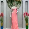 Nice Salmon Pink Color Faux Georgette Ruffle Patch Work Saree