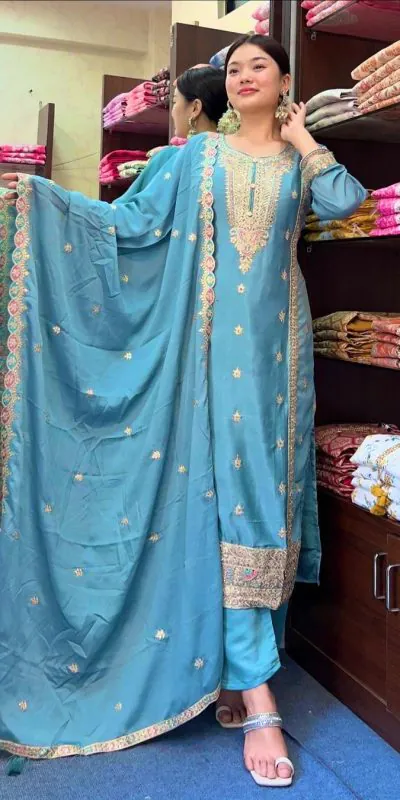 SRK-5148 Sky Blue Color Pure Chinnon Silk Embroidery Sequence Salwar Suit Wedding, Party, Festive, Events Expected Delivery 4-6 Working Days @ 1950/- | Jump Suits, Casual Suits, Creative suits, Designer Suits, Palazzo Suits, Party Wear Suits, Patiala Suits, Salwar suit, Straight Suits