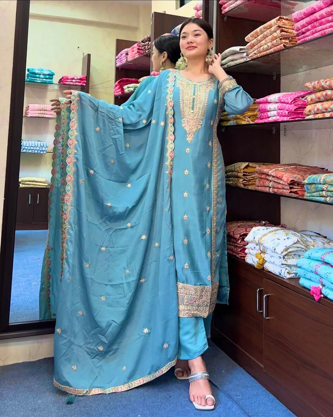 SRK-5148 Sky Blue Color Pure Chinnon Silk Embroidery Sequence Salwar Suit Wedding, Party, Festive, Events Expected Delivery 4-6 Working Days @ 1950/- | Jump Suits, Casual Suits, Creative suits, Designer Suits, Palazzo Suits, Party Wear Suits, Patiala Suits, Salwar suit, Straight Suits
