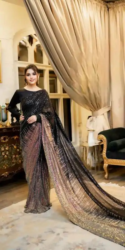 DF 3407 Black Heavy Dual Sequins Embroidery Work Saree Casual, Party Wear, Wedding, Events, Festivals Wear Etc. Expected Delivery 4-6 Working Days 1750/- | Bollywood Sarees, Creative Sarees, Designer Sarees, Embroidered Sarees, Ethnic Saree, Modern Digital sarees, Party Wear Sarees, Sarees