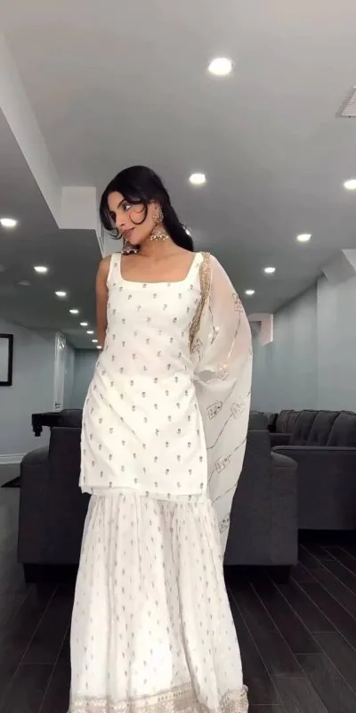 SRK 5147 White Color Pure Chinnon Silk Embroidery Sequence Salwar Suit Wedding, Party, Festive, Events Expected Delivery 4-6 Working Days @ 2099/- Only | Casual Suits, Creative suits, Designer Suits, Party Wear Suits, Salwar suit, Straight Suits