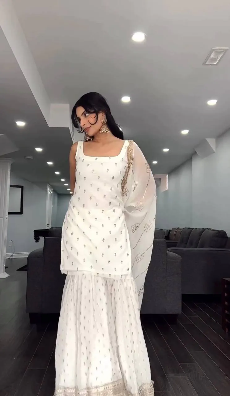 SRK 5147 White Color Pure Chinnon Silk Embroidery Sequence Salwar Suit Wedding, Party, Festive, Events Expected Delivery 4-6 Working Days @ 2099/- Only | Casual Suits, Creative suits, Designer Suits, Party Wear Suits, Salwar suit, Straight Suits