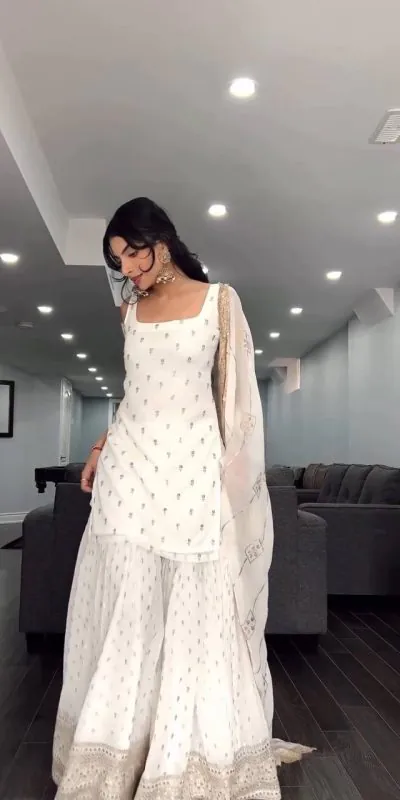 SRK 5147 White Color Pure Chinnon Silk Embroidery Sequence Salwar Suit Wedding, Party, Festive, Events Expected Delivery 4-6 Working Days @ 2099/- Only | Casual Suits, Creative suits, Designer Suits, Party Wear Suits, Salwar suit, Straight Suits